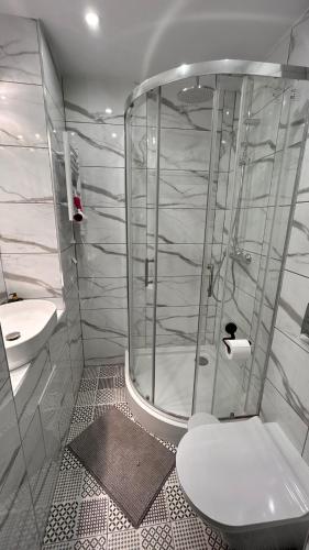 a bathroom with a shower with a toilet and a sink at Miodowy apartament in Chorzów