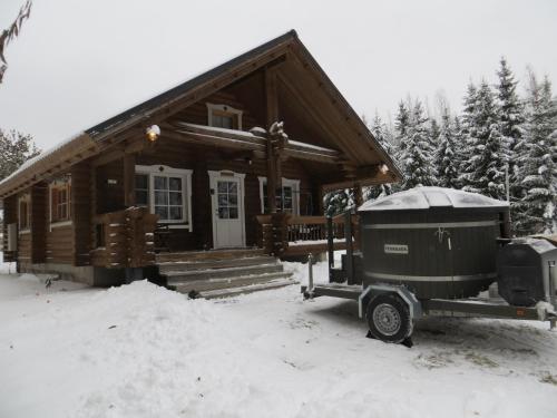 una cabaña de madera en la nieve con un camión delante en Cottage-karaoke Koivikko, en Äänekoski