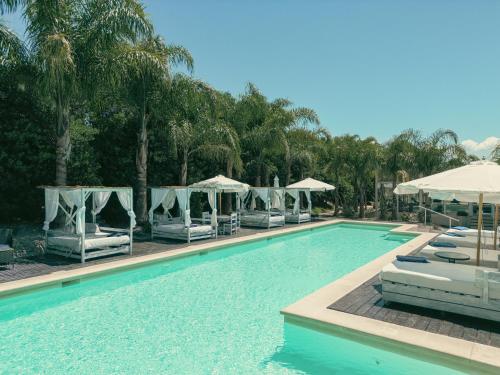 Skyblue Apart Hotel Punta Colorada في بيريابوليس: حمام سباحة مع كراسي استلقاء ومظلات