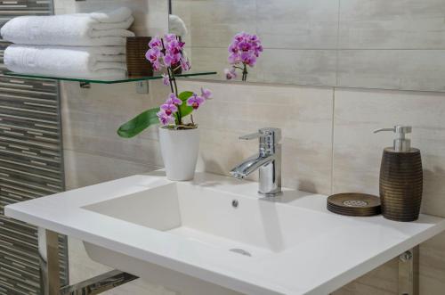 a bathroom sink with a vase of flowers on it at Seva Hotel Health Club in Campina