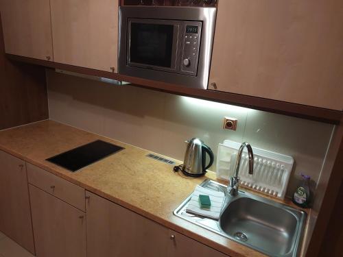a kitchen with a sink and a microwave at Apartmán Lomnica - Tatragolf C 401 in Veľká Lomnica