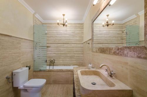a bathroom with a sink and a toilet and a tub at Seva Hotel Health Club in Campina
