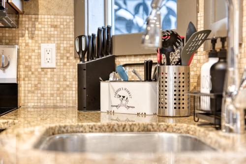 um balcão de cozinha com um lavatório e um bloco de facas em Oceanside GetAway at Pacific Shores em Nanoose Bay