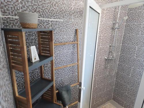 a bathroom with a shower and a shelf with a shower at Villa Atlantis 3 chambres in Port-Louis