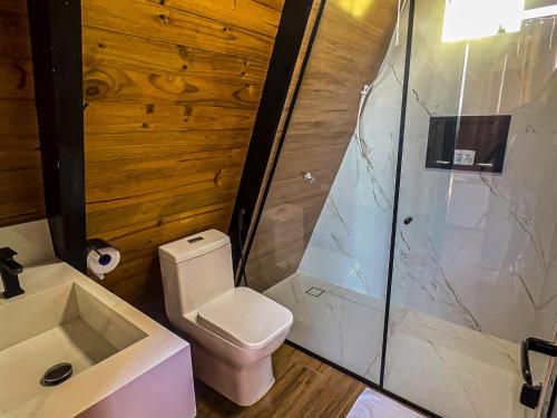 ein Badezimmer mit Toilette, Dusche und Waschbecken in der Unterkunft Chales Caixa Daco in Porto Belo