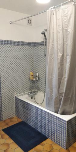 ビュール・シュリヴェットにあるChambre chez l'habitant en plein centre de Buresのバスルーム(シャワーカーテン付きのバスタブ付)
