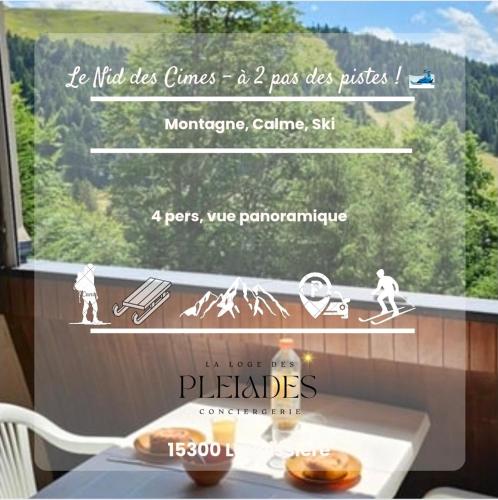 una finestra con una foto di una montagna di Le Nid des Cimes- séjour détente face aux sommets a Laveissière