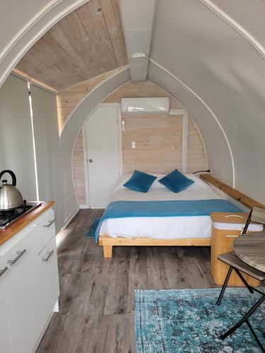 利纳雷斯Achibueno Glamping的卧室里有一张带蓝色枕头的床