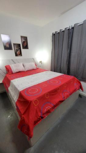 ein Schlafzimmer mit einem Bett mit einer roten Decke in der Unterkunft Pousada Gaturama suite 1 in Corumbá