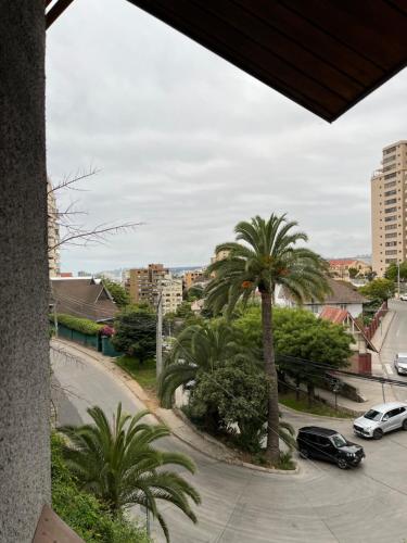 a view of a street with palm trees and cars at Tribu in Viña del Mar
