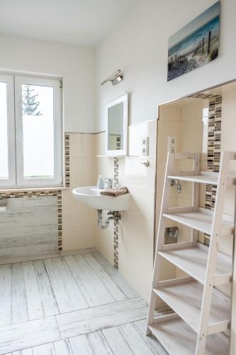 a bathroom with a sink and a mirror and a ladder at Claras Gartenblick in Schwerin, Nähe Schloss, Hbf & Altstadt, ruhige zentrale Lage, kostenfreie Parkplätze in Schwerin