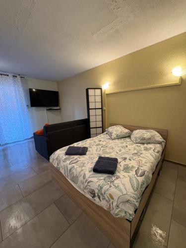 En eller flere senge i et værelse på Havre de paix studio parking