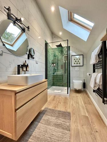 a bathroom with a sink and a glass shower at Maisons Vaudésir - Rose, Chablis in Chablis