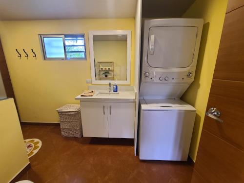 Pura Vida - Villa Lisa في باريتا: حمام مع حوض وغسالة ومجفف