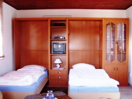 1 dormitorio con 2 camas y TV. en Ferienhaus Kyffhäuser, en Bad Frankenhausen