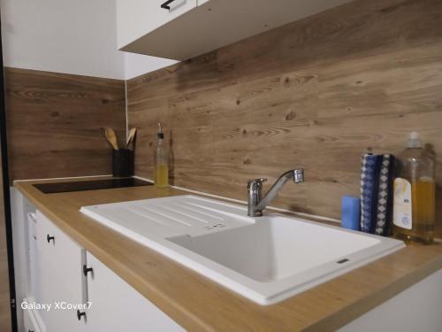 um lavatório branco numa cozinha com uma parede de madeira em HONOR-House em Linz