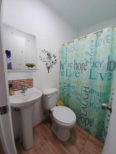 a bathroom with a toilet and a sink and a shower curtain at Cabaña Rayantu Antuco in Antuco