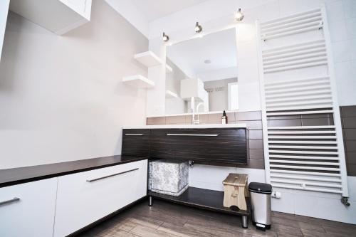 een keuken met witte kasten en een zwart aanrechtblad bij Matic Murgle Atrium Apartment in Ljubljana