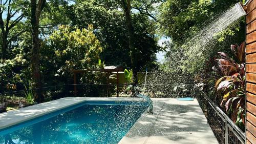 a swimming pool with a water fountain in a yard at Orquídeas De La Selva in Puerto Iguazú