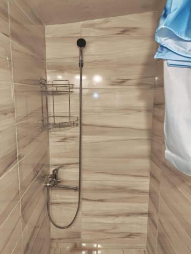a bathroom with a shower with a glass door at Garsoniera 20m2 anexată la casa proprietarului in Botoşani