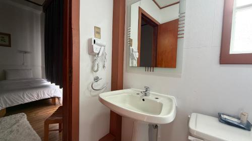 Un baño con lavabo, espejo y cama. en Travels Hotel, en Osorno