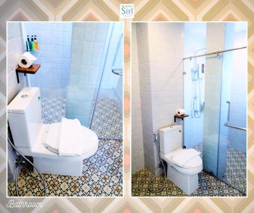 twee foto's van een badkamer met een toilet en een douche bij Siri Poshtel Bangkok in Bangkok