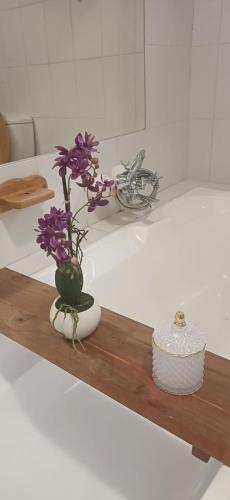 a vase of purple flowers sitting on a wooden shelf at Grazia in King in Harrismith