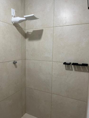 a shower with a glass door in a bathroom at Recanto Lucena - Casa inteira com churrasqueira in Lucena