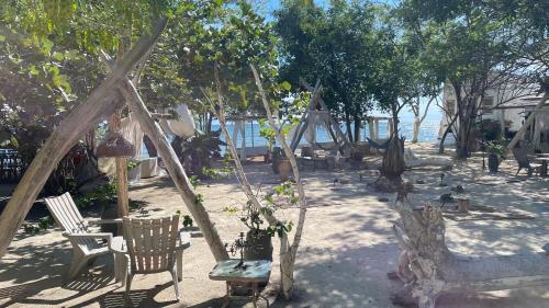 Puerto idilio beach resort في Isla Larga: حديقة بها كراسي وأرجوحة وأشجار