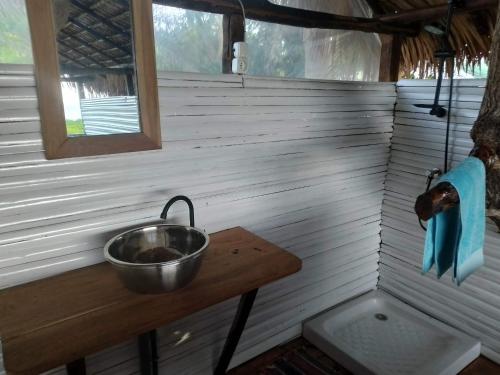 贝岛Corto Novo Maison d'hôtes-Camping的一间小房子，里面有个水槽，桌子上还有条狗。