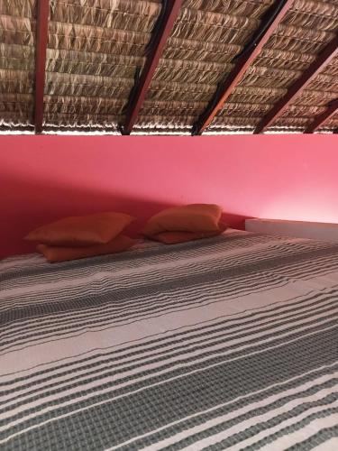 a bed with two pillows and a pink wall at Chalé pé na areia e vista Mar in Ilhéus