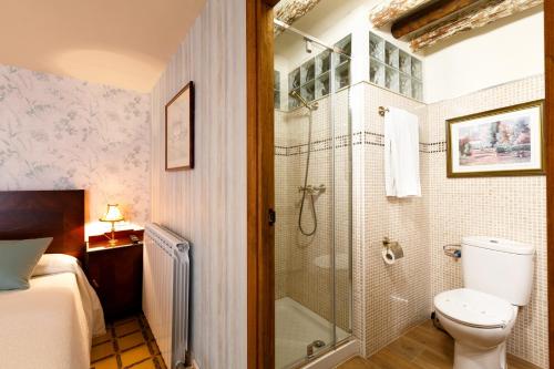 1 cama y baño con ducha y aseo. en Hotel Villa San Jorge, en Azanúy