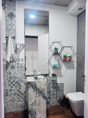 a bathroom with a shower and a sink and a toilet at Twins apartment delux 2, new gudauri in Gudauri