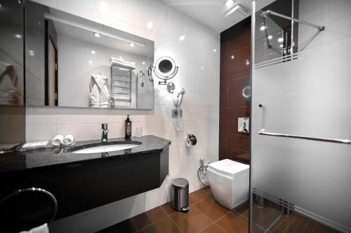 Un baño con lavabo, inodoro y espejo. en Ararat Resort Tsaghkadzor, en Tsaghkadzor