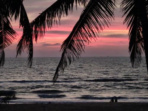 a sunset over the ocean with a palm tree at Mangalore BeachFront Villa in Mangalore