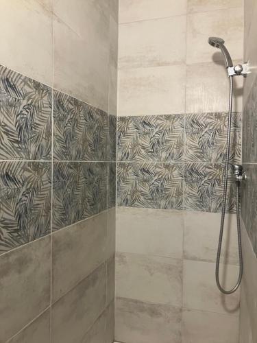 La salle de bains est pourvue d'une douche et d'un mur en carrelage. dans l'établissement grand appartement Sete, à Sète