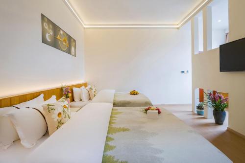 un soggiorno con 2 letti e una TV di Shangri-La Chenxia Courtyard Homestay a Shangri-La