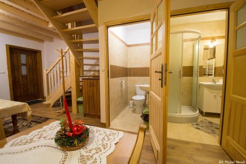 ein Badezimmer mit einer Treppe, einem WC und einem Waschbecken in der Unterkunft DW KINGA i DOMKI in Kacwin