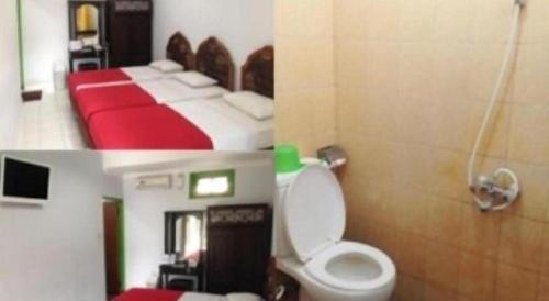 Duas fotografias de um quarto com uma cama e um WC. em Hotel Batik Yogyakarta em Yogyakarta