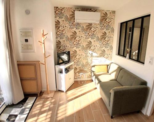 a living room with a couch and a tv at Appartement neuf & climatisé - 3 mins centre-ville in Prades