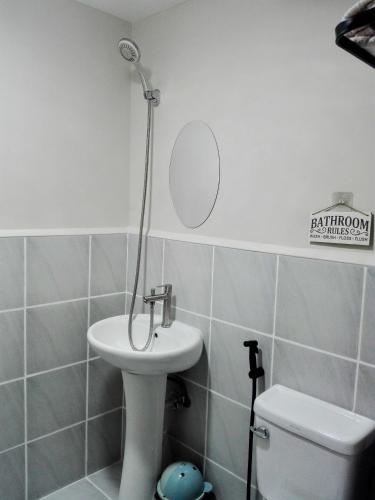 a bathroom with a sink and a mirror on the wall at Oshanbyu Transient Home in Basbas