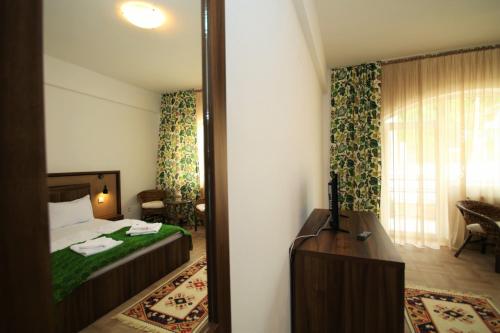 a hotel room with a bed and a mirror at Mai Danube in Eşelniţa