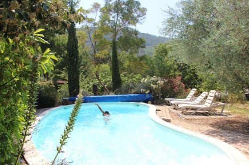 une personne se baignant dans une piscine avec dans l'établissement Gites du Raby, à Signes