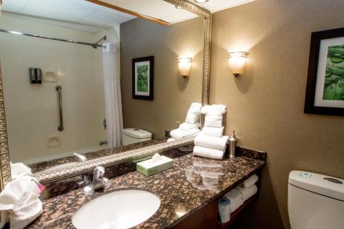 a bathroom with a toilet, sink, and mirror at Greenstay Hotel & Suites Central in Springfield