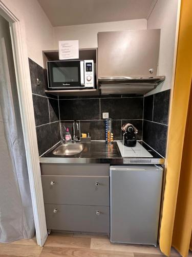 a small kitchen with a sink and a microwave at CANNES La Mirandole in Golfe-Juan