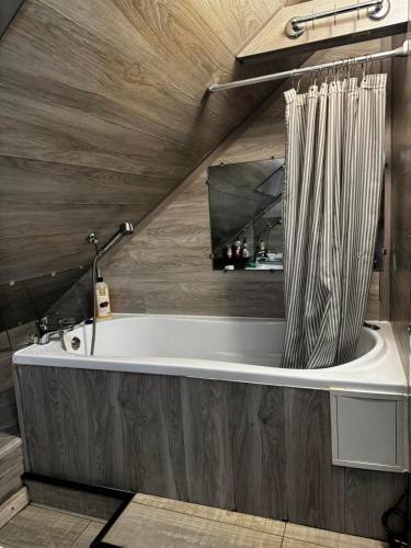 a bathroom with a bath tub with a shower curtain at Stefan 64 in Chişinău
