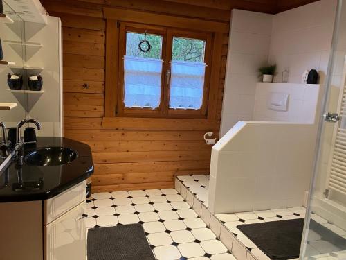 ein kleines Bad mit einem Waschbecken und einer Badewanne in der Unterkunft Landhaus An der Schafgasse in Spittelstein