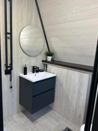 a bathroom with a sink and a mirror at Frame&Forest in Kolochava