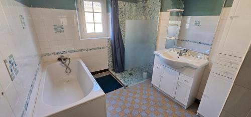 a bathroom with a tub and a sink and a bath tub at Anniversaire, Vacances, Team Building, 1 H de Toulouse in Puymaurin