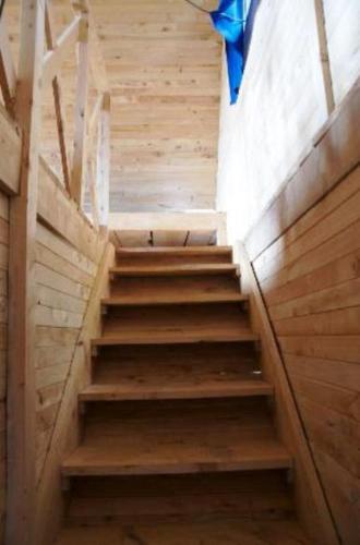 a stairway with wooden steps in a building at Quetzal Valley Cabins in San Gerardo de Dota